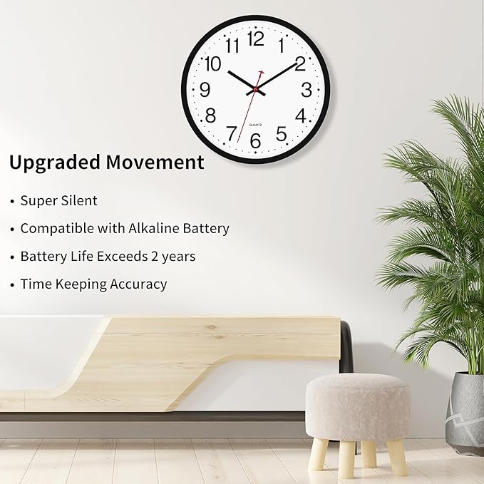 Foxtop Black Wall Clock Silent Non-Ticking 12 Inch Quartz Battery Operated Round Analog Wall Clock for Classroom School Office Living Room Bedroom Home