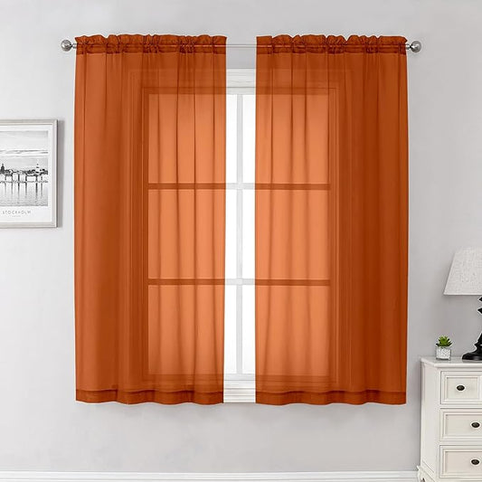 Lecloud Orange Sheer Curtains 63 Inch Length 2 Panels Set, Window Curtains for Bedroom, Voile Solid Light Filtering Living Room Drapes with Rod Pocket, Each Panel 42 X 63 Inch