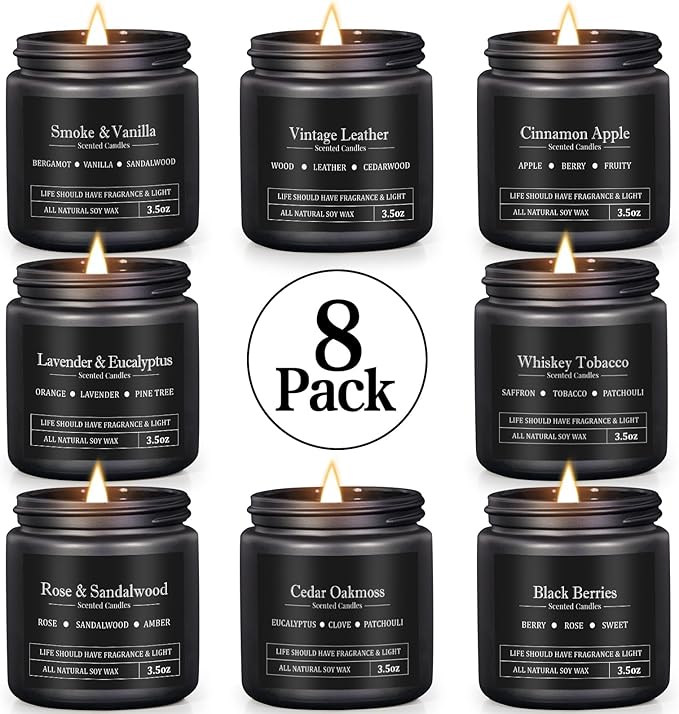 Manly Scented Candles for Men, 8 Pack Soy Candles for Home Scented, Up to 250H Burning, Aromatherapy Candle Set, Masculine Mens Candle Gift Set for Father Boyfriend Him, Birthday Valentine's Day Gifts