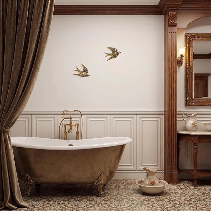 2 Pcs Vintage Bird Wall Sculpture Decor Art 6.7 Inch Antique 3D Sculpted Hanging Bird Resin Wall Art Golden Brass Floating Ornament for Living Room Garden Outdoor, Gifts for Couples Housewarming