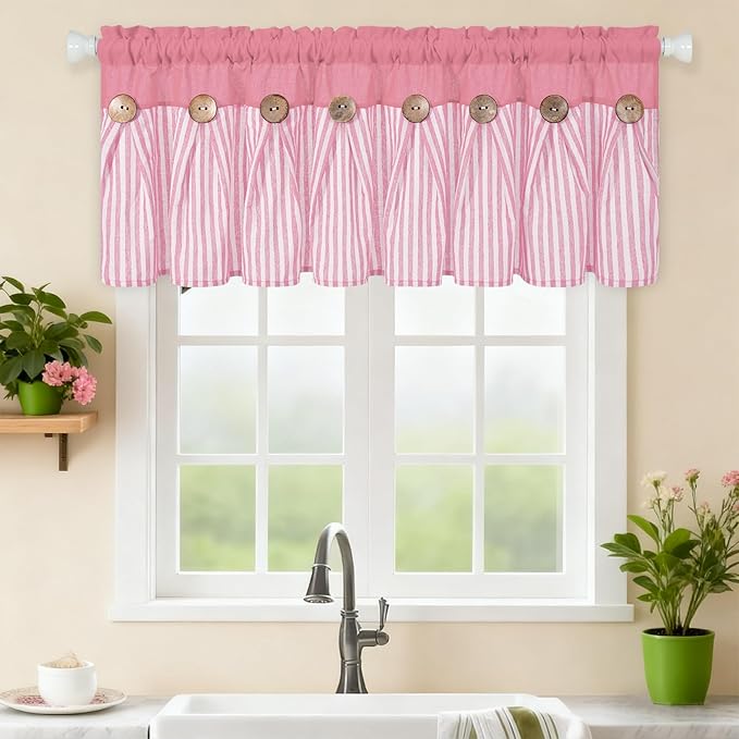 ASPMIZ Farmhouse Cotton Linen Valances for Windows, Boho Kitchen Curtains Valances with Rustic Button, Pink Striped Window Treatments Curtain Valance for Bathroom Cafe, 52 x 18 Inch, 1 Pannel