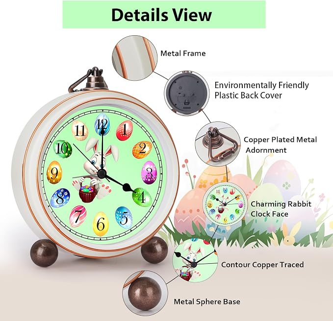 Maxspace 5.2in Cute Easter Egg Metal Table Clock, Quartz Movement Non-Ticking Small Alarm Clock with Battery Operated, HD Glass Bunny Desk Clock for Bedroom Living Room (Easter) - Image 3