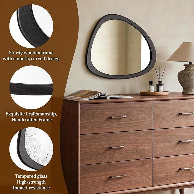 WallBeyond Asymmetrical Mirror, Irregular Wall Mirror, Wall Mirrors Decorative for Bedroom Living Room Entryway Hall, Wood Mirror for mid Century Modern Decor 23" H x 19" W, Dark Brown