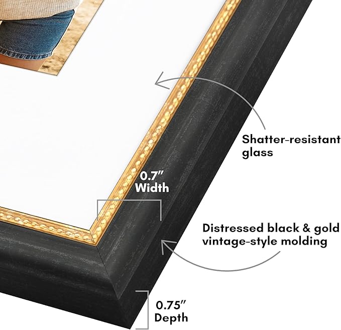 Americanflat Vintage Frames - 11x14 Picture Frame with Beaded Accents and Shatter-Resistant Glass - Use as 8x10 Frame or Display 11x14 Photos Without Mat - Heirloom Collection - Black Gold
