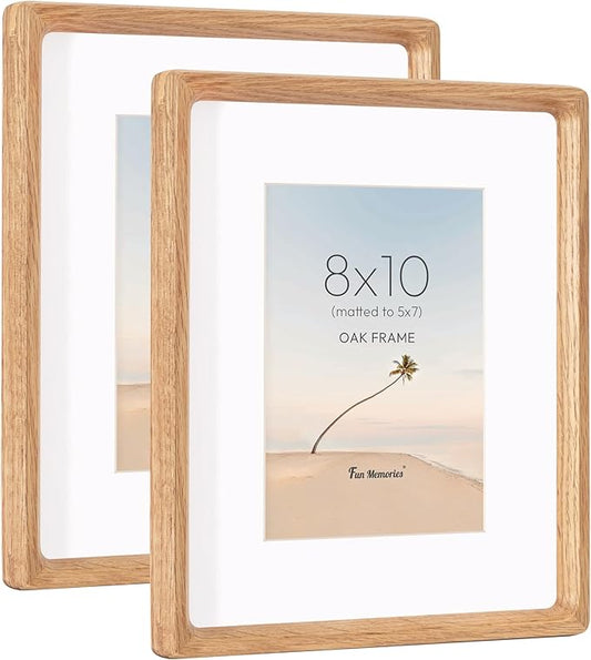 8x10 Picture Frame Set of 2, USA-Sourced Oak Wood Photo Frame with HD Tempered Glass, Handcrafted Rounded Corner 8 x 10 Wooden Frames Matted to 5x7 Photos, 8x10 Frames, Tabletop or Wall Display