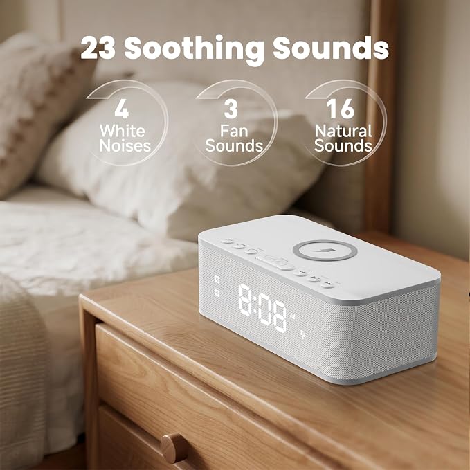 Digital Alarm Clock White Noise, Loud Digital Alarm Clocks Bedrooms, Alarm Clock Speaker Wireless Charger AUX USB Bluetooth Speaker 12/24H Dual Alarm Snooze Adjustable Brightness, White - Image 4