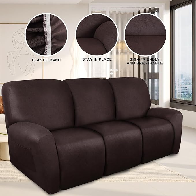 ANARACHON Recliner Couch Cover Leather Look Recliner Sofa Covers for 3 Cushion Reclining Sofa Slipcovers 8-Pieces Furniture Protector Spandex Fabric Washable (3 Seater, 01 Chocolate)