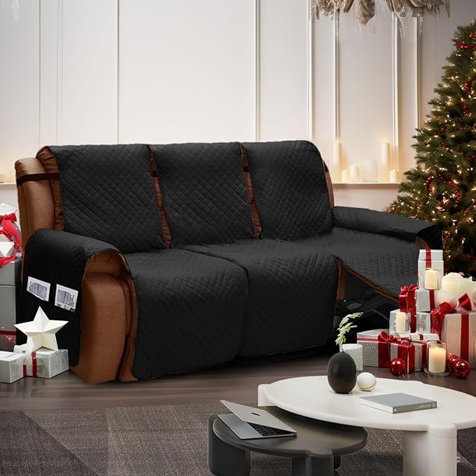 XINEAGE Water Resistant Recliner Cover, 3 Seat Sofa Covers with Pockets, Quilted Thick Protector Cover for Dog Pets with Non Slip Backing and Strap (Black)
