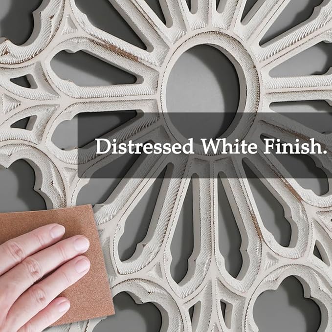 XIAOAIKA Wood Round Decorative Wall Sculpture, Hand-Carved Floral Geometric Design with Distressed White Finish, Vintage Farmhouse Boho Wall Art for Living Room Bedroom Hallway, 24 Inch