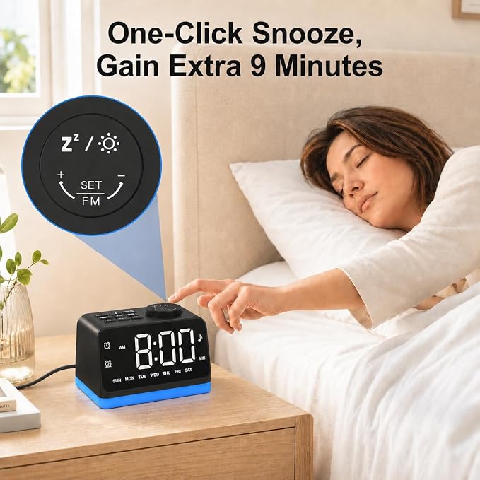 JALL Digital Alarm Clock with FM Radio for Bedroom, 8 Colors Night Light with 2 Charging Port, Sleep Sound Machines with Timer, Dual Alarm, Loud Alarm and Easy to Use for Seniors as Gift - Image 9