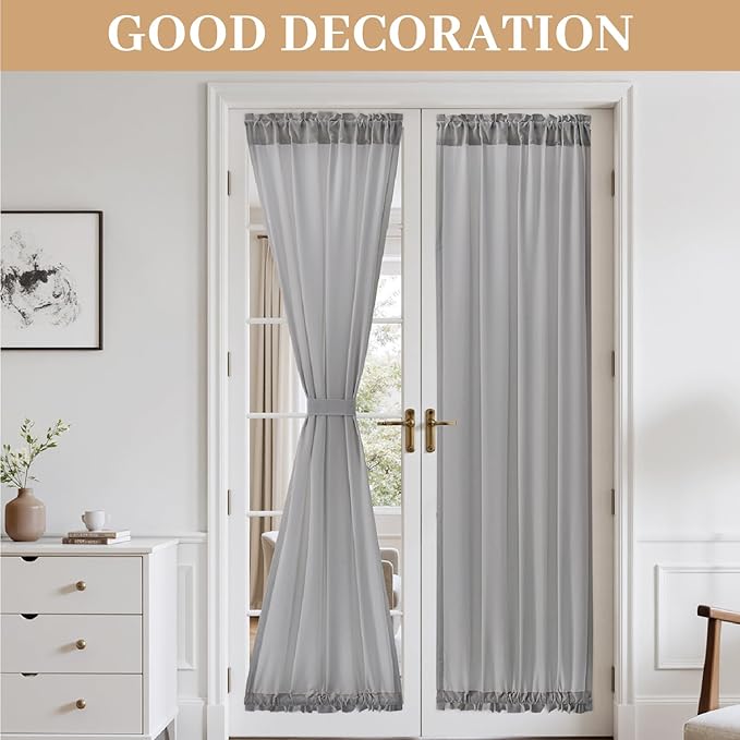 MIULEE Non-See-Through French Door Curtains for Door Window, Privacy Light Filtering Sheer Curtains for Decoration, Window Drapes with Rod Pocket and Tie Back, Grey, 26 x 72 inches, 2 Panels