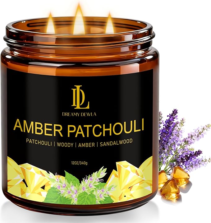 Amber Patchouli Scented Candle, 12oz 60 Hour Long Lasting Candles, Large 3 Wick Natural Soy Candles for Home Scented, Candle Gifts for Women Men