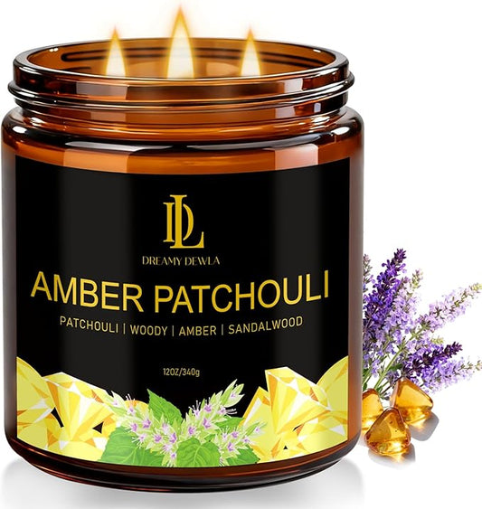 Amber Patchouli Scented Candle, 12oz 60 Hour Long Lasting Candles, Large 3 Wick Natural Soy Candles for Home Scented, Candle Gifts for Women Men
