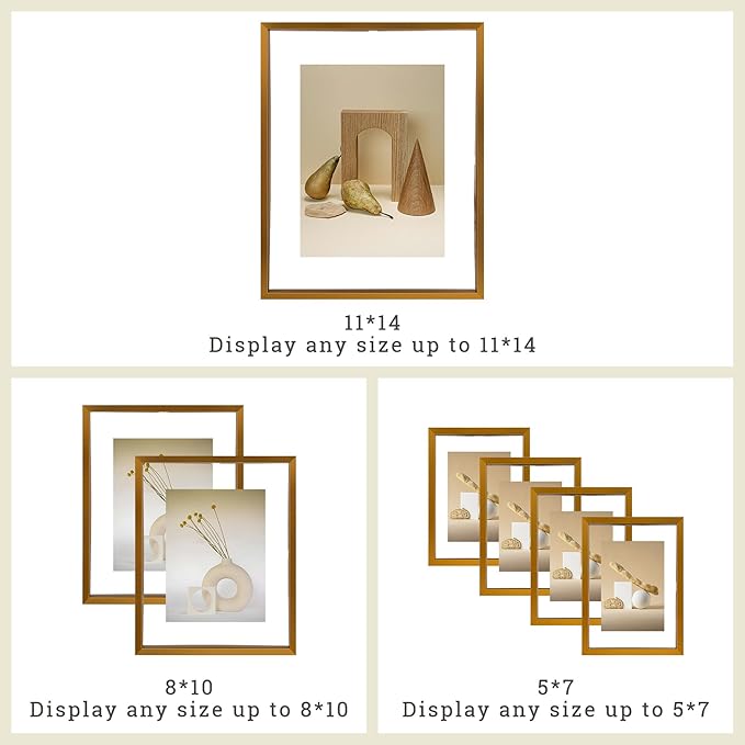 Frametory, Floating Picture Frames Set - Bronze Metal Photo Frames - Real Glass - Display One 11x14, Two 8x10, and Four 5x7 Inch Photos for Home Decoration