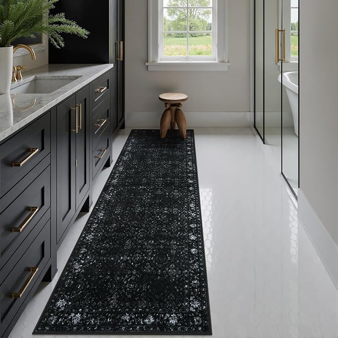 Hedlive Vintage Black Washable Hallway Runner Rug, 2.6x8 Non Slip Runnersfor Hallways Entrance Indoor,Extra Long Kitchen Rug Runner, Soft Floor Carpet for Entry Laundry Bedroom (2'6"x8', Black)