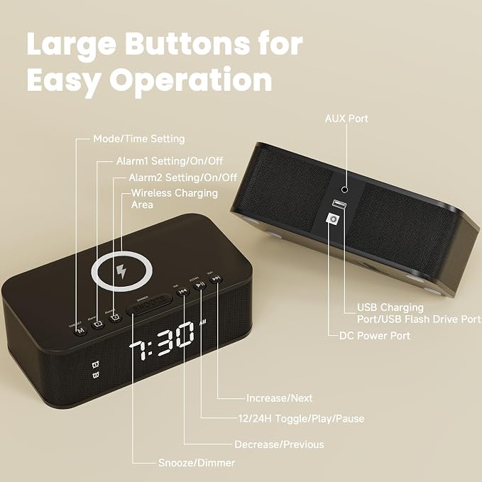 Digital Alarm Clock White Noise, Loud Digital Alarm Clocks Bedrooms, Alarm Clock Speaker Wireless Charger AUX USB Bluetooth Speaker 12/24H Dual Alarm Snooze Adjustable Brightness, Black - Image 8