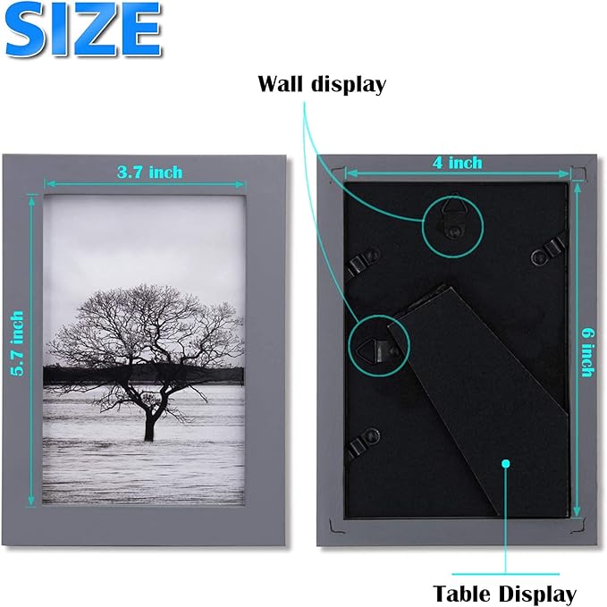 Egofine 4x6 Picture Frames Set of 4, Made of Solid Wood Covered by Plexiglass 3x4.5 and 3.5x5 with Mat or 4x6 without Mat, for Table Top Display and Wall Mounting Photo Frame, Dark Grey