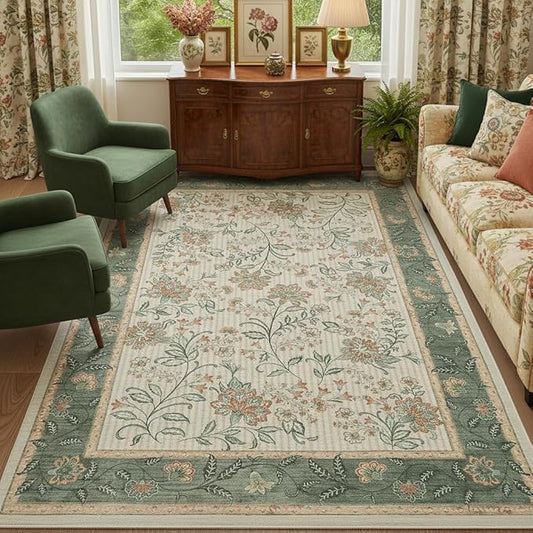 GarveeHome 4x6 Sage Green Washable Area Rug for Nursery Room, French Country Floral Bedroom Rug Non Slip Low Pile Carpet Stain Resistant Throw Rug for Bedside Kids Room Office Dining Room