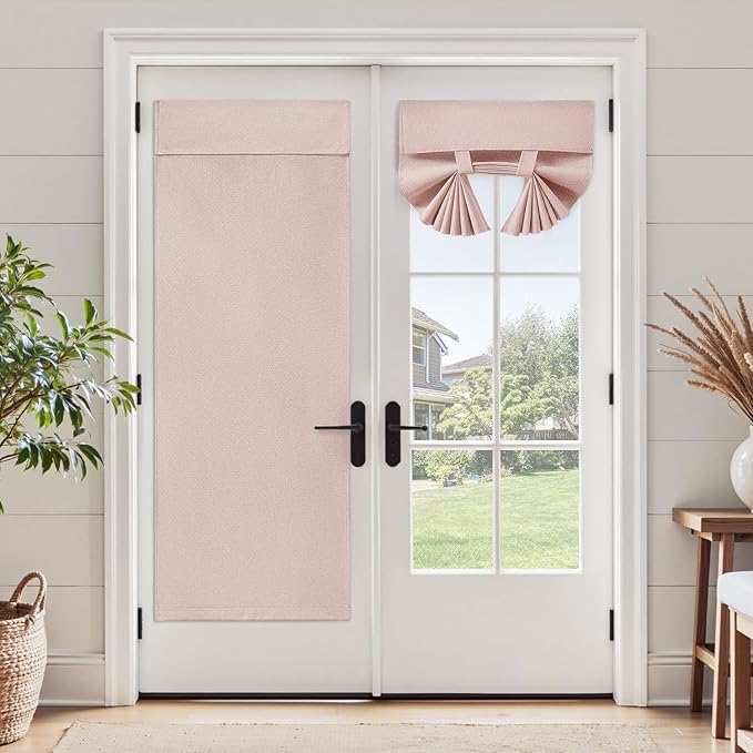 HOMEIDEAS 100% Blush Pink Linen Blackout French Door Curtains, Privacy Door Window Curtains, 34 X 68 Inch Room Darkening Blinds, Thermal Insulated Shades for Bedroom, 1 Panel