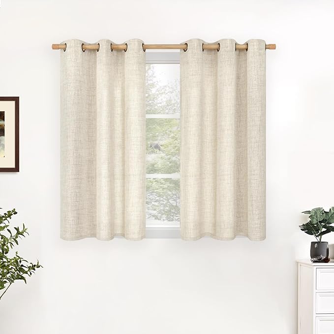 YoungsTex Linen Kitchen Window Curtains 48 Inch Length with Grommet, Short Light Filtering Drapes Semi Sheer Privacy for Bathroom Living Room Window, 34 x 48 Inch, 2 Panels