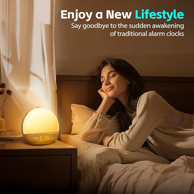 Geuuap Sunrise Alarm Clock, Noise Sound Machine Night Light, Wood Grain | 25 Soothing Sounds, 17 Dimmable lights, Dual Independent Alarms, Unlimited Snooze, Bluetooth Speaker, Backup Battery Memory - Image 7