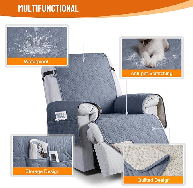 VANSOFY 100% Waterproof Recliner Chair Covers, Recliner Cover Non-Slip Dog Chair Cover Furniture Protector Washable Slipcover with Pocket, Elastic Straps for Pets, Dogs(Slate Gray, 25")