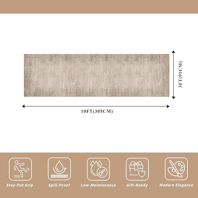 3x10 ft Hallway Runner Rug – Non-Slip Washable Long Carpet Runner for Kitchen, Indoor Entryway & Bathroom, Modern Neutral Solid Low Pile Wide Floor Mat (Taupe Beige,3x10)