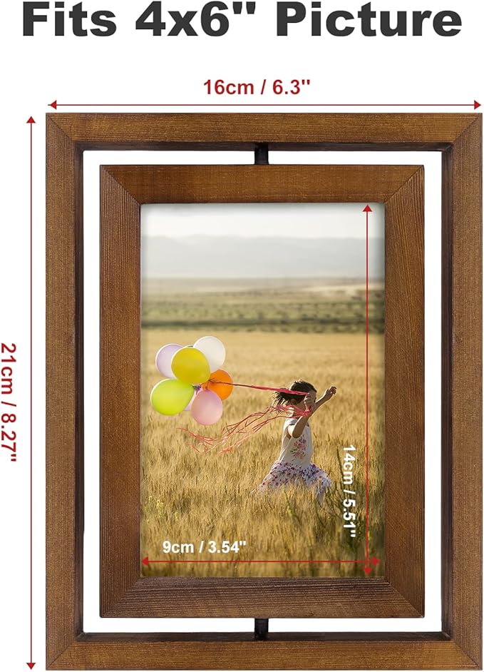 Egofine 2 Pack 4x6 Rotating Floating Picture Frames,Double-Sided Display with HD Glass Front Wooden Distressed Frame for Vertical or Horizontal Tabletop Display, Carbonization