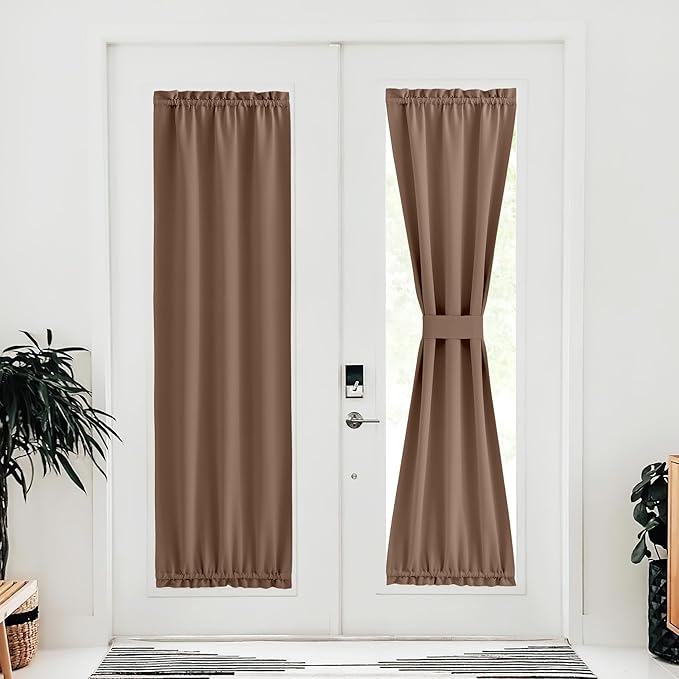 NICETOWN French Door Curtain Set of 1 - Farmhouse Style Dual Rod Pocket Blackout Door Curtain for Privacy Window Drapery Including Bonus Adjustable Tieback, 30 x 72 inches, Cappuccino