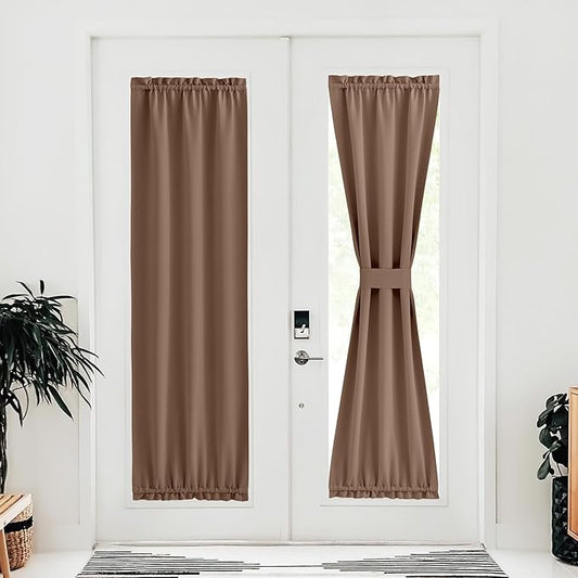 NICETOWN French Door Curtain Set of 1 - Farmhouse Style Dual Rod Pocket Blackout Door Curtain for Privacy Window Drapery Including Bonus Adjustable Tieback, 30 x 72 inches, Cappuccino