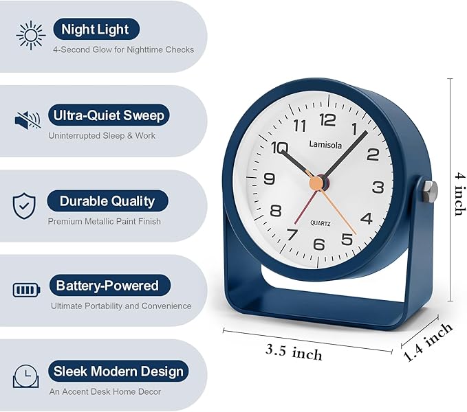 3.5 Inch Small Desk Alarm Clock, Battery Operated Analog Silent Clock with Night Light, Retro Vintage Metal Bedside Clock for Bedroom, Office, Bathroom, Dorm, Shelf, Table -Navy Blue