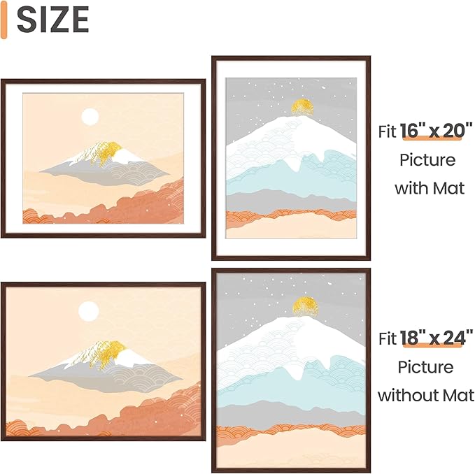 upsimples 18x24 Picture Frame, Display Pictures 16x20 with Mat or 18 x 24 Without, Wall Hanging Poster Frames, Brown, 1 Pack