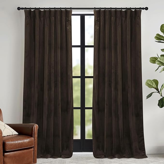 RYB HOME Brown Velvet Curtains 84 inches with Hook Belt, Soft Fabric Room Darkening Thermal Insulated Luxurious Home Decor Curtains for Living Room Bedroom, W 42" x L 84", 2 Panels Set