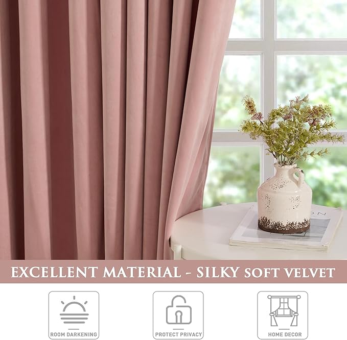 StangH Dusty Pink Velvet Curtains for Girls Bedroom, 96 inches Long Window Treatment Thermal Insulated for Wedding Backdrops Room Darkening for Door Curtains, W62 x L96, 2 Panels