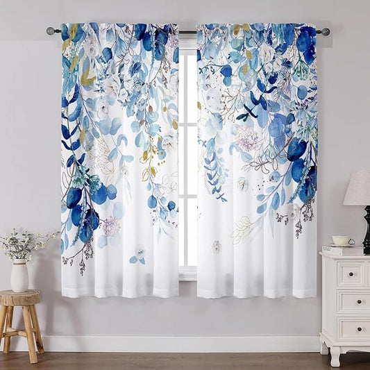 Blue Eucalyptus Curtains 63 Inch Length 2 Panels, Leaves Plant Drapes for Dinning Small Windows, Blue and White Light Filtering Curtain for Living Room Bedroom Bathroom, Dual Rod Pocket, 42" W x 63" L