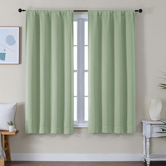 Simplebrand Ava Light Green Blackout Curtains for Bedroom 63 Inch Length 2 Panels Set, Solid Thermal Insulated Energy Saving Rod Pocket Window Treatment Curtains Blackout Drapes, W40 x L63 Inch