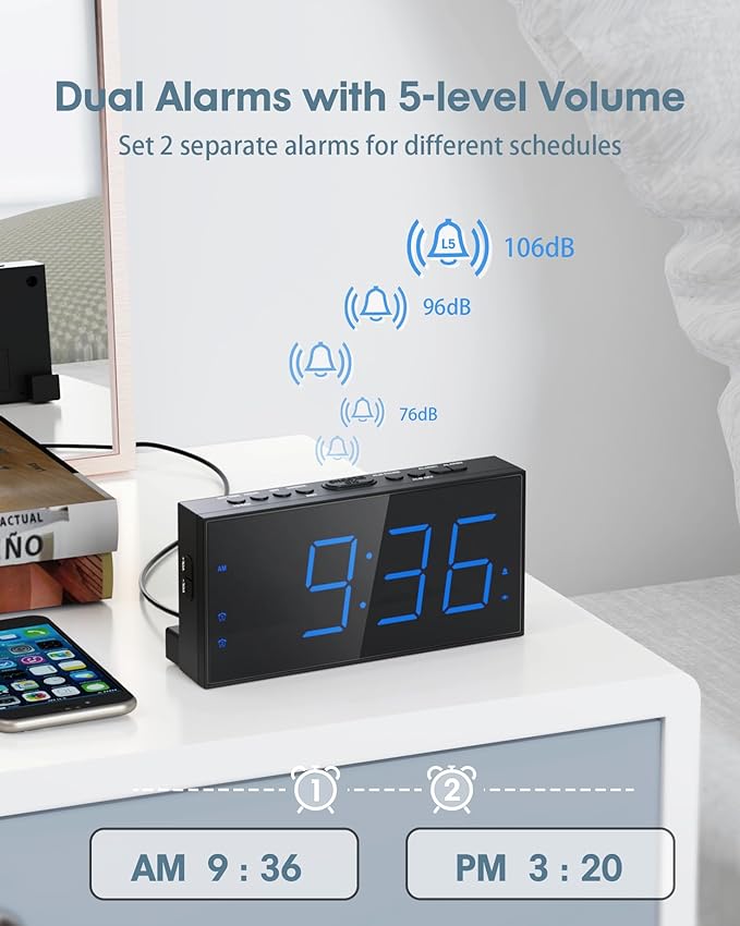 Alarm Clock with Bed Shaker, Vibrating Alarm Clock for Heavy Sleepers | Dual Alarms, 7.5’’ LED Display, Dimmer, USB Charging Port, Memory Function, Plug in Vibrator Clock for Hard of Hearing/Deaf - Image 3