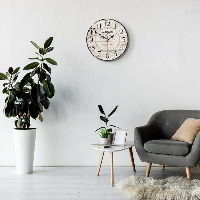14 Inch Retro Vintage French Country Style Round Wooden Wall Clock Silent Battery Operated Non-Ticking Decorative Clock for Kitchen Farmhouse Bedroom Home Wall