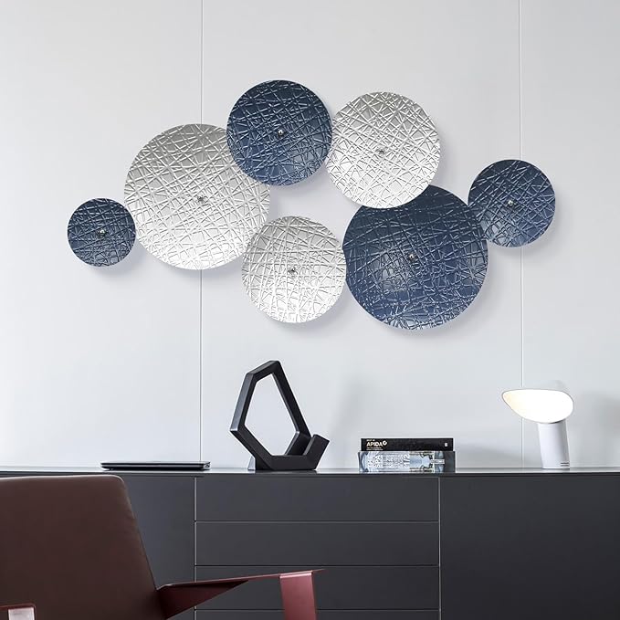 Silver and Blue Wall Decor for Living Room, 7PCS Metal Wall Hanging Sculptures for Office Apartment Bathroom Decoration, Modern Silver Home Decor for Staircase Hallway Porch Housewarming Gift