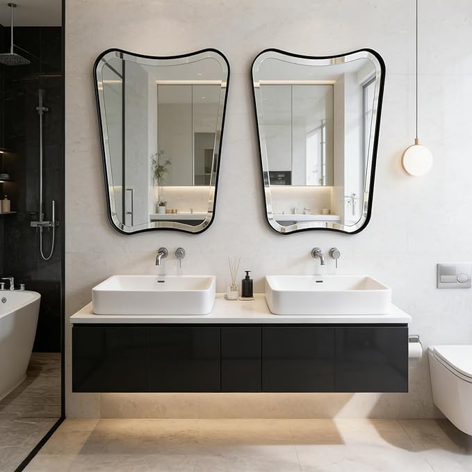POZINO Irregular Beveled Mirror, 24"x36" Modern Bathroom Vanity Mirror for Over Sink, Unique Butterfly Shape Aesthetic Wall Mirrors for Living Room Bedroom Entryway Hallway Fireplace