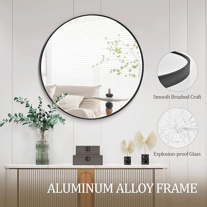HARRITPURE Round Mirror 19.6" Black Wall Mounted Circle Mirror with Aluminum Alloy Frame Modern Design for Bathroom, Living Room, Vanity, Bedroom, Entryway