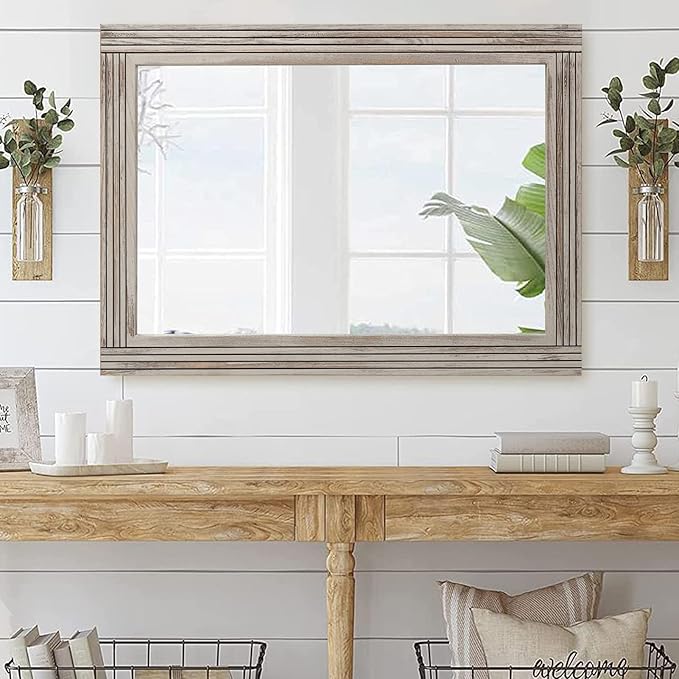 YOSHOOT Hand-Made Wooden Spliced Wall Mirror for Bathroom, Rustic Farmhouse Vanity Mirror, Décor Wall Art, Solid Wood Frame, Vertical or Horizontal Hanging, 72" x 36", Grey