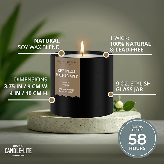 Candle-lite Rugged & Refined Scented Candle for Men, Refined Mahogany, 9 oz Tin, Poured in The USA, Masculine Fragrance, 1-Wick, 58 Hours of Burn Time, Ideal Gift for Man in Your Life & Father's Day