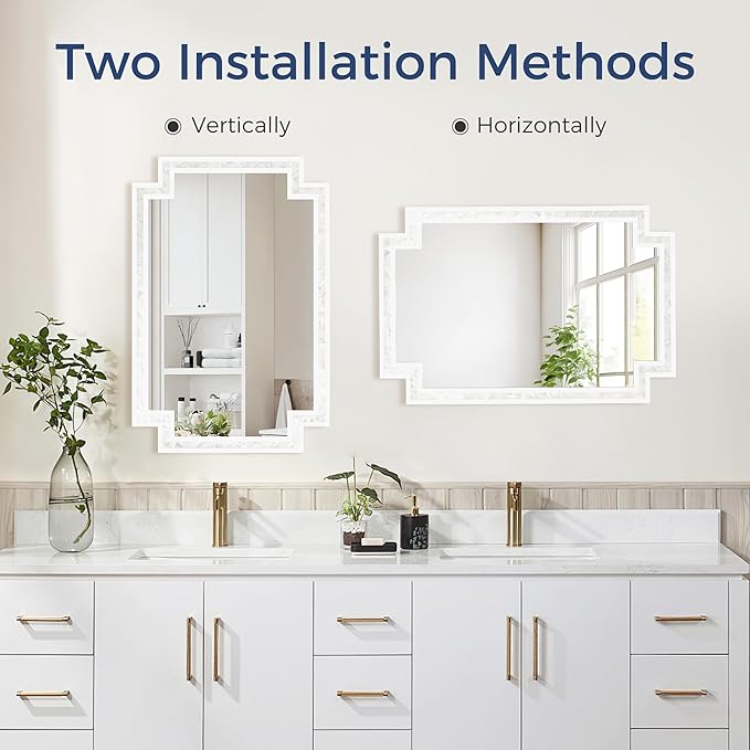 Tanmicoshomy 24 x 36 Inch White Bathroom Mirrors for Wall, Decorative Shell Inlay Mosaic Rectangle Mirrors with Tempered Glass for Bedroom, Living Room or Entryway