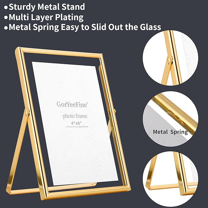 Gold Floating Picture Frames Set of 3, Metal Geometric Photo Frame with Glass Cover Includes(5x7'',4x6'', 5x5''),Tabletop Floating Picture Frames for Home Wedding Decoration,Gift for Christmas,Wedding