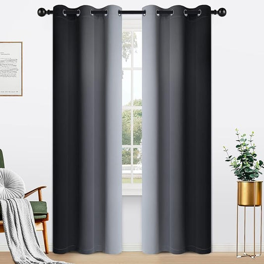Yakamok Light Blocking Ombre Curtains, Greyish White and Black Gradient Color Curtains, Room Darkening Grommet Window Drapes for Bedroom(Black, 42x84 Inch, 2 Panels)