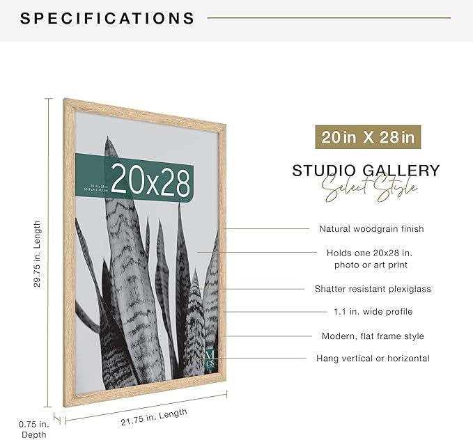 MCS Studio Gallery 20x28 Poster Frame Natural Woodgrain Engineered Wood, Vertical & Horizontal Wall Hanging Large Picture Frame for Photos, Posters & Art Prints (1-Pack)