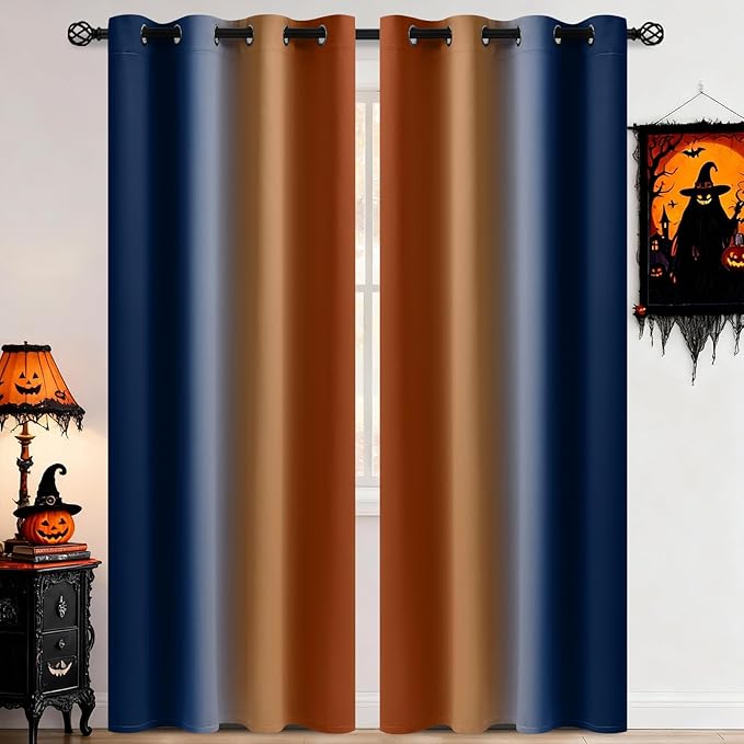 COSVIA Curtains & Drapes Dark Blue & Burnt Orange 84 inch Length 2 Panels, Full Room Darkening Grommet Insulated Thermal Window Curtains for Bedroom/Living Room, 52x84inches