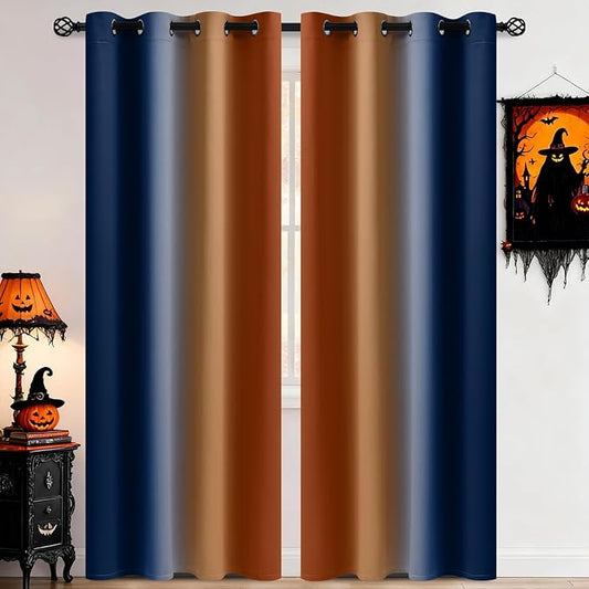 COSVIA Curtains & Drapes Dark Blue & Burnt Orange 84 inch Length 2 Panels, Full Room Darkening Grommet Insulated Thermal Window Curtains for Bedroom/Living Room, 52x84inches