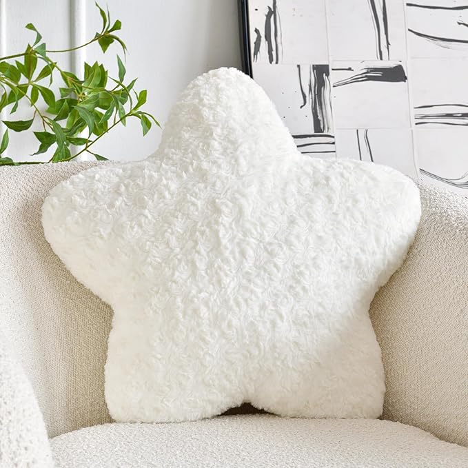 Star Pillow, 19.7" Star Shaped Plush Pillow for Couch Bed Sofa, Cute Decorative Throw Pillows with Soft Faux Fur Room Decor for Bedroom Living Room (White)